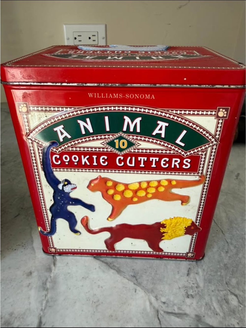 Williams-Sonoma Red Animal Cookie Cutter Tin with Colorful Animal Motifs